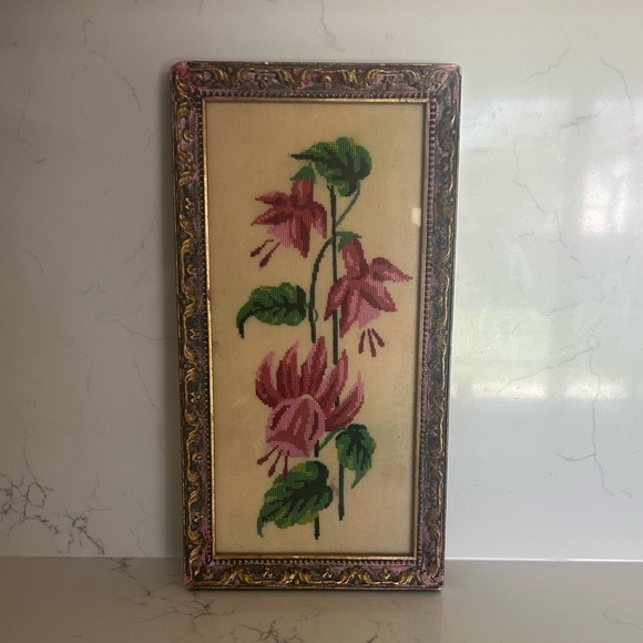 Other - VTG Cross Stitch Floral Needlepoint Wall Art - Pink & Green Fuchsia Design